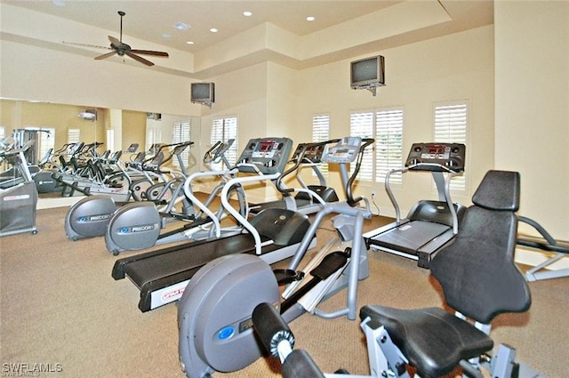 gym with ceiling fan, a raised ceiling, and a high ceiling