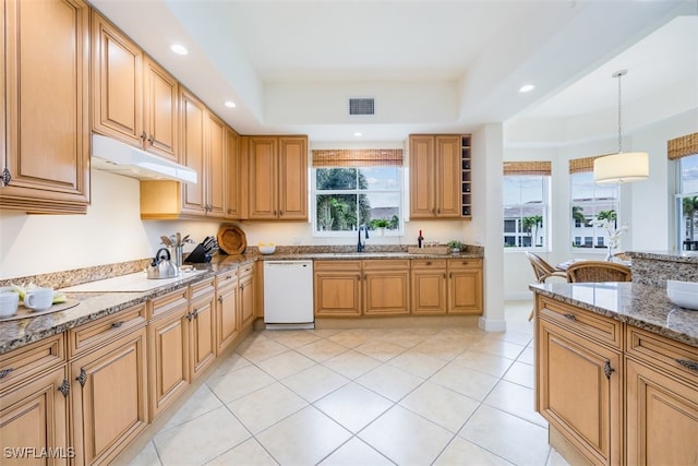 kitchen with light stone counters, electric stovetop, dishwasher, hanging light fixtures, and a raised ceiling