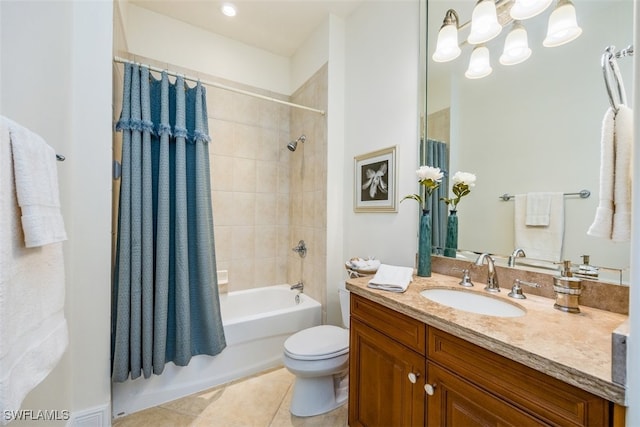 full bathroom with toilet, shower / bathtub combination with curtain, tile patterned floors, and vanity