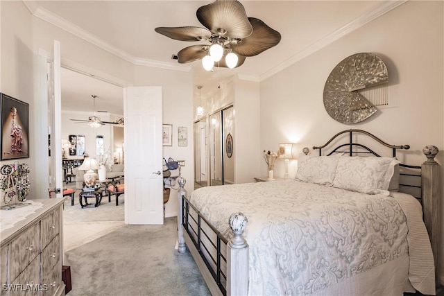 bedroom featuring ceiling fan, ornamental molding, and light carpet