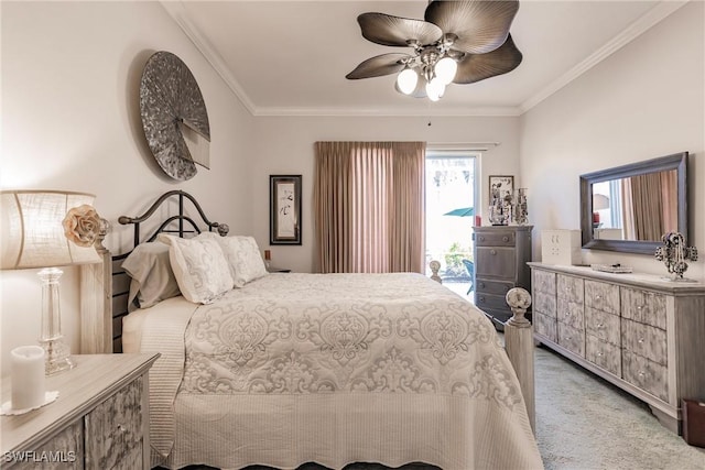 bedroom featuring light carpet, access to exterior, ceiling fan, and ornamental molding