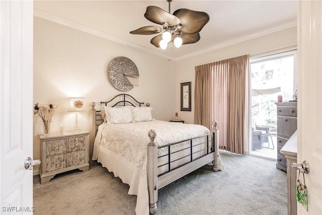 bedroom with access to exterior, ceiling fan, crown molding, and carpet