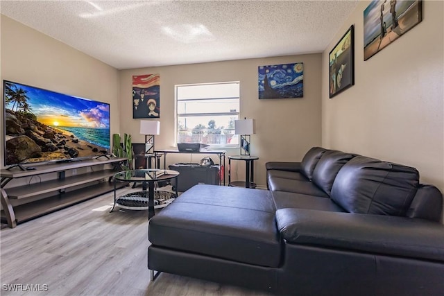 living room featuring hardwood / wood-style flooring and a textured ceiling