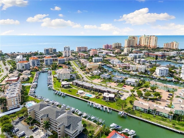 drone / aerial view featuring a water view