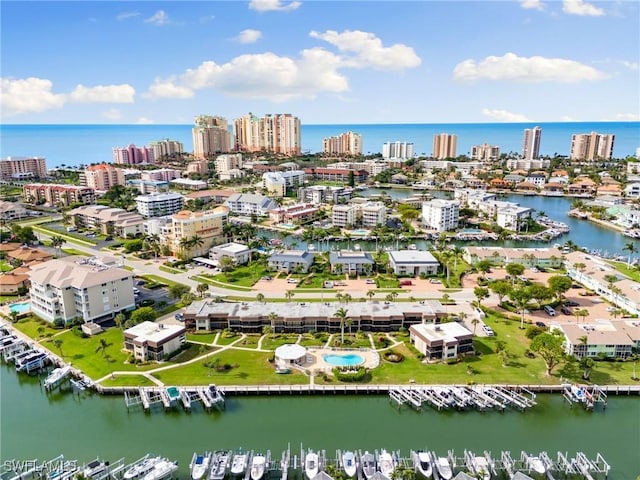 drone / aerial view featuring a water view