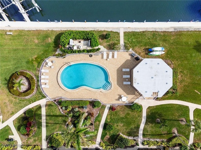 drone / aerial view featuring a water view