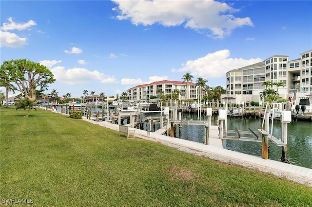 dock area featuring a water view and a yard