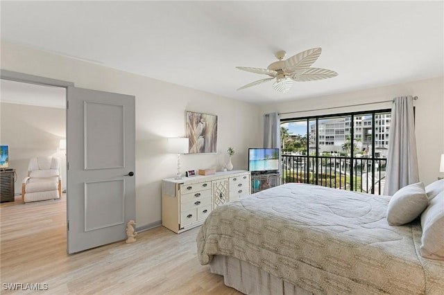 bedroom featuring access to exterior, ceiling fan, and light hardwood / wood-style floors