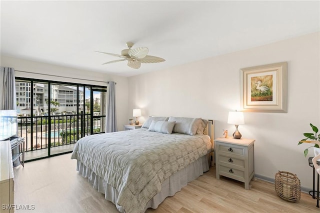 bedroom with access to outside, ceiling fan, and light wood-type flooring