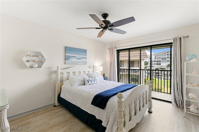 bedroom with ceiling fan, light wood-type flooring, and access to outside