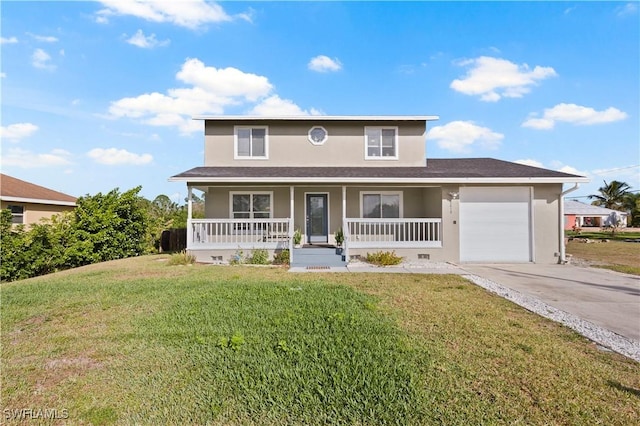 view of property with a front yard, a porch, and a garage