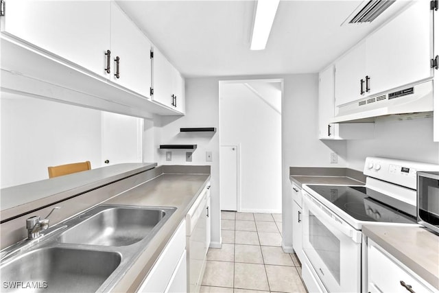 kitchen with premium range hood, white cabinetry, sink, and white appliances