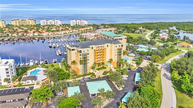 drone / aerial view featuring a water view