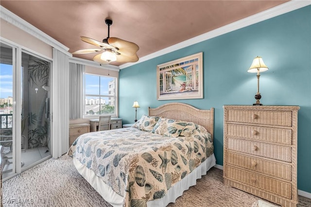 bedroom featuring crown molding, carpet floors, ceiling fan, and access to outside