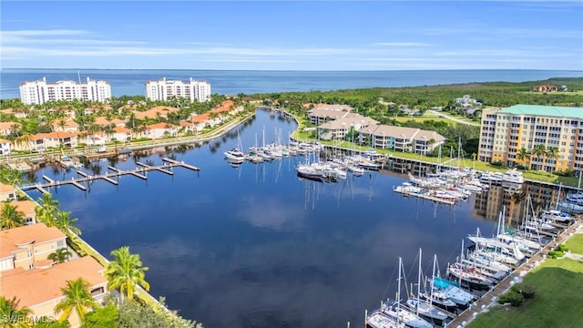 drone / aerial view featuring a water view