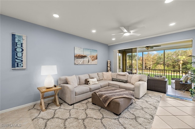 living room with ceiling fan and light tile patterned floors