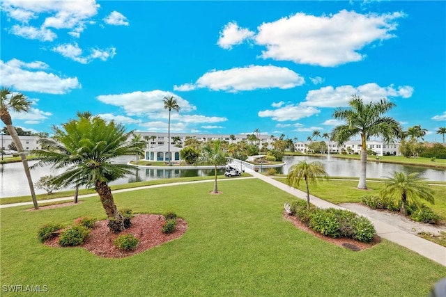 view of community with a water view and a lawn