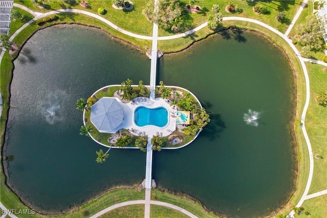 aerial view featuring a water view