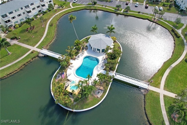 drone / aerial view featuring a water view