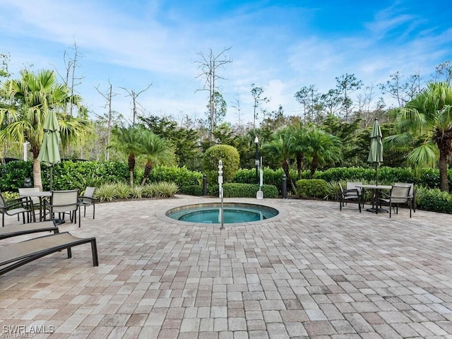 view of swimming pool featuring an in ground hot tub and a patio