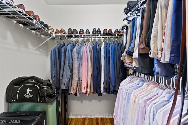 walk in closet with wood-type flooring