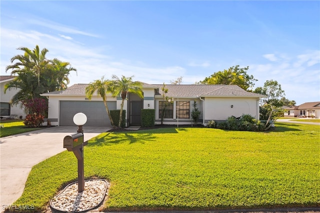 ranch-style home with a front yard and a garage