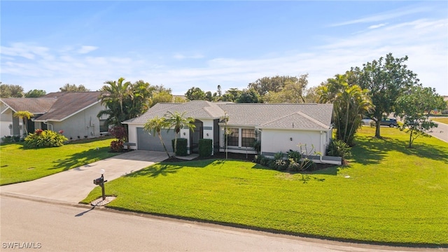 single story home with a front yard and a garage