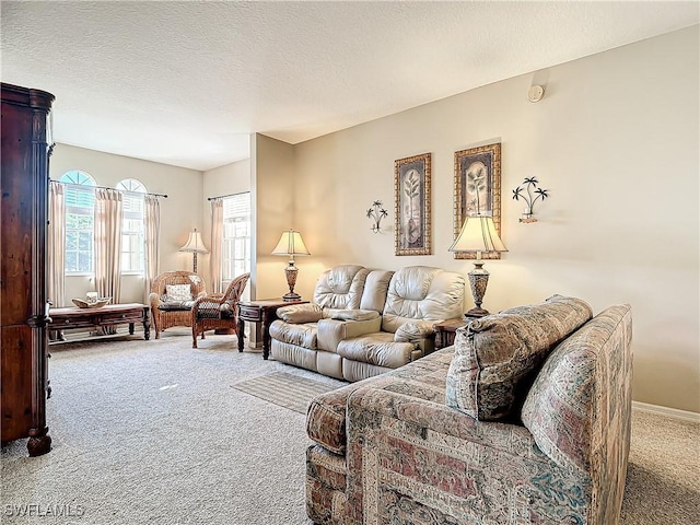 carpeted living room featuring a textured ceiling