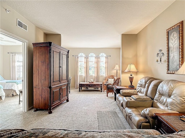 living room featuring light colored carpet and a textured ceiling