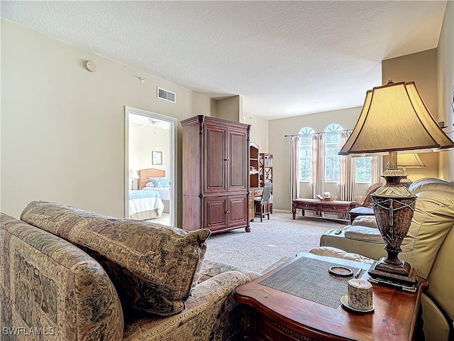 living room featuring ceiling fan, carpet floors, and a textured ceiling