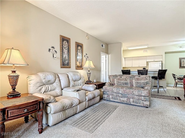 living room with light colored carpet and a textured ceiling