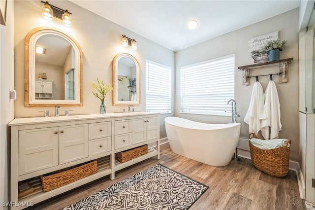 bathroom featuring hardwood / wood-style floors, vanity, and a bath