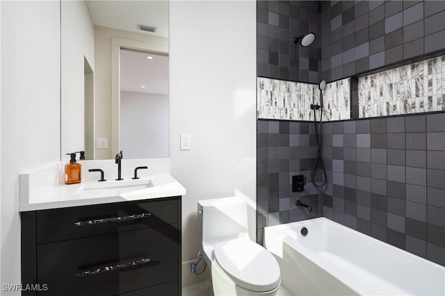 full bath with toilet, tub / shower combination, vanity, and visible vents