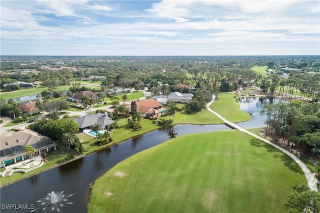 drone / aerial view featuring a water view and view of golf course