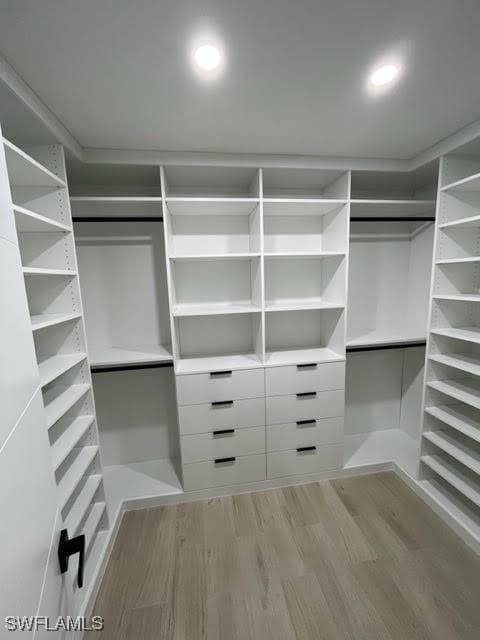 walk in closet with light hardwood / wood-style flooring