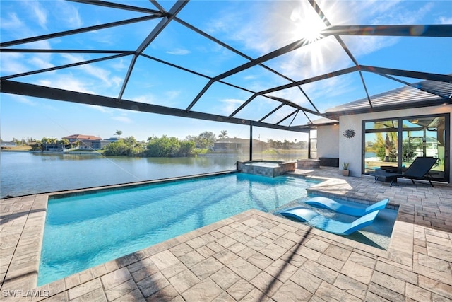 view of swimming pool with a lanai, a patio area, an in ground hot tub, and a water view