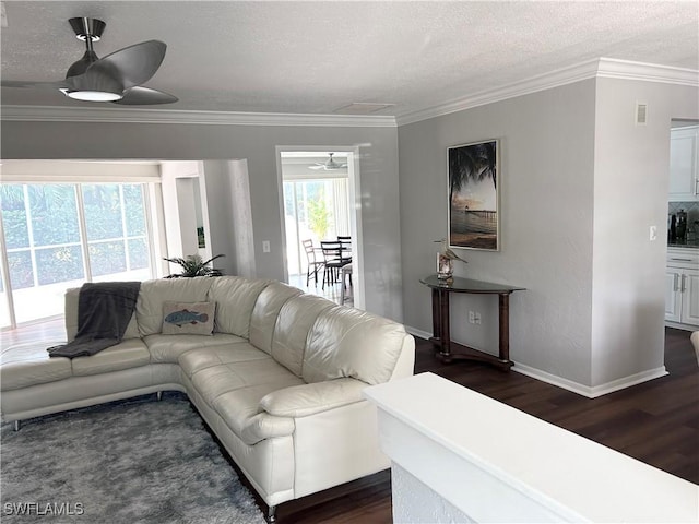 living room with a textured ceiling, ceiling fan, crown molding, and dark hardwood / wood-style floors