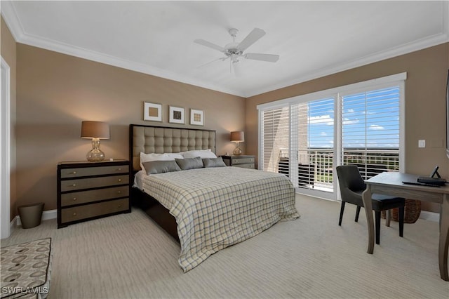 carpeted bedroom featuring ornamental molding, access to outside, and ceiling fan