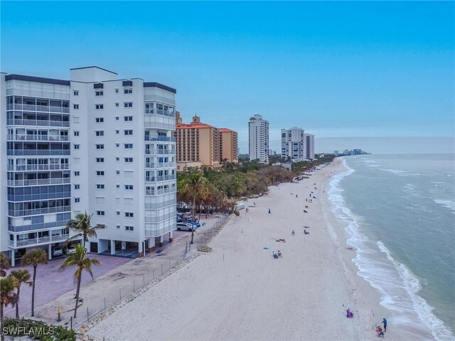 bird's eye view with a water view and a beach view