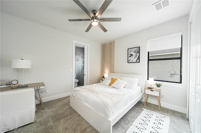 bedroom featuring ensuite bath and ceiling fan