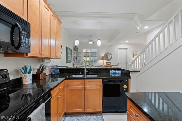 kitchen with sink, hanging light fixtures, dark stone countertops, black appliances, and ornamental molding