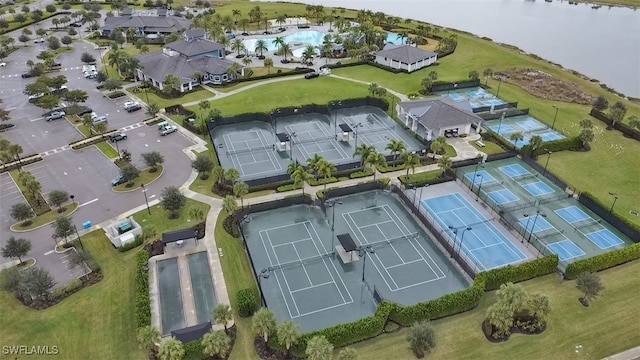 birds eye view of property featuring a water view