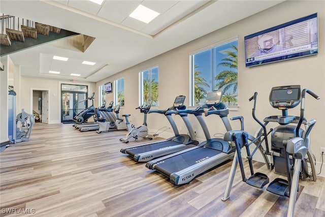 exercise room featuring light hardwood / wood-style flooring