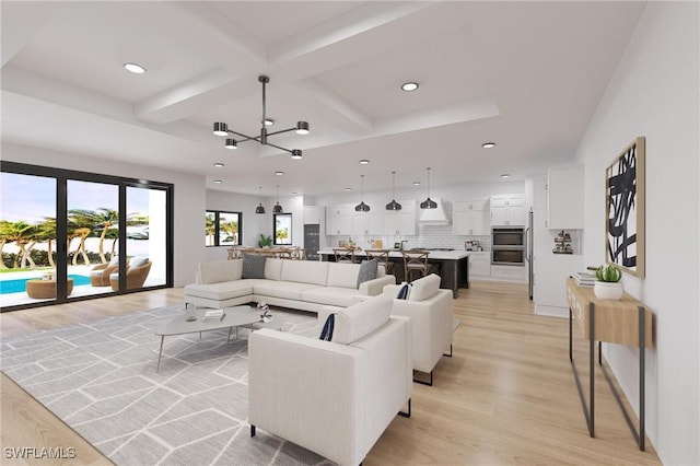 living room featuring coffered ceiling, beam ceiling, light hardwood / wood-style floors, and a chandelier