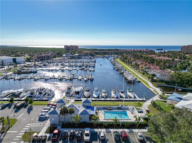 bird's eye view with a water view