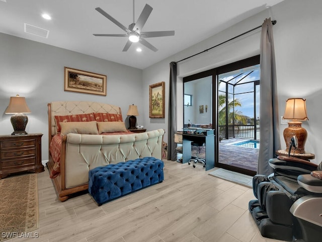 bedroom with access to outside, light hardwood / wood-style flooring, and ceiling fan