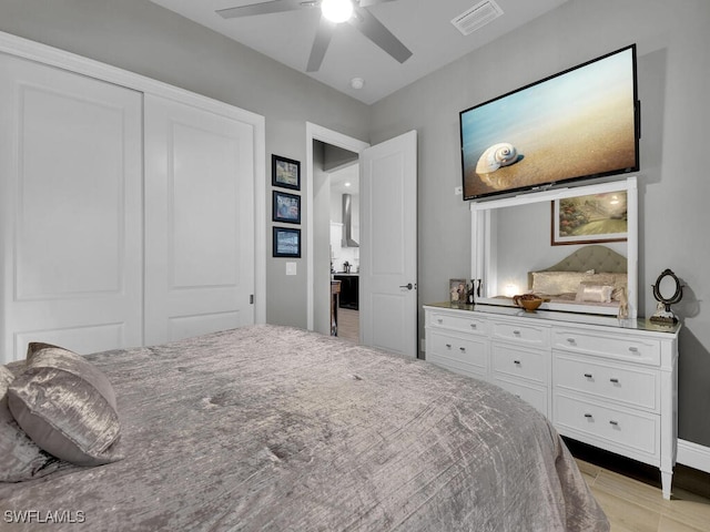 bedroom featuring ceiling fan and a closet