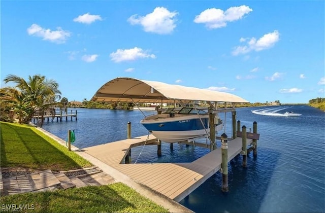 dock area with a lawn and a water view