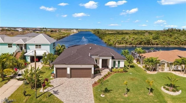 aerial view featuring a water view