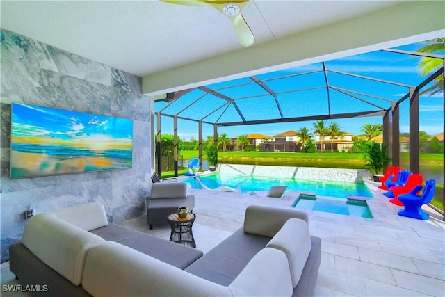 view of patio with an outdoor living space and a lanai